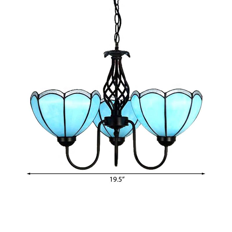 3 Lights Scalloped Chandelier Light Traditional Tiffany Blue Glass Pendant Light for Living Room
