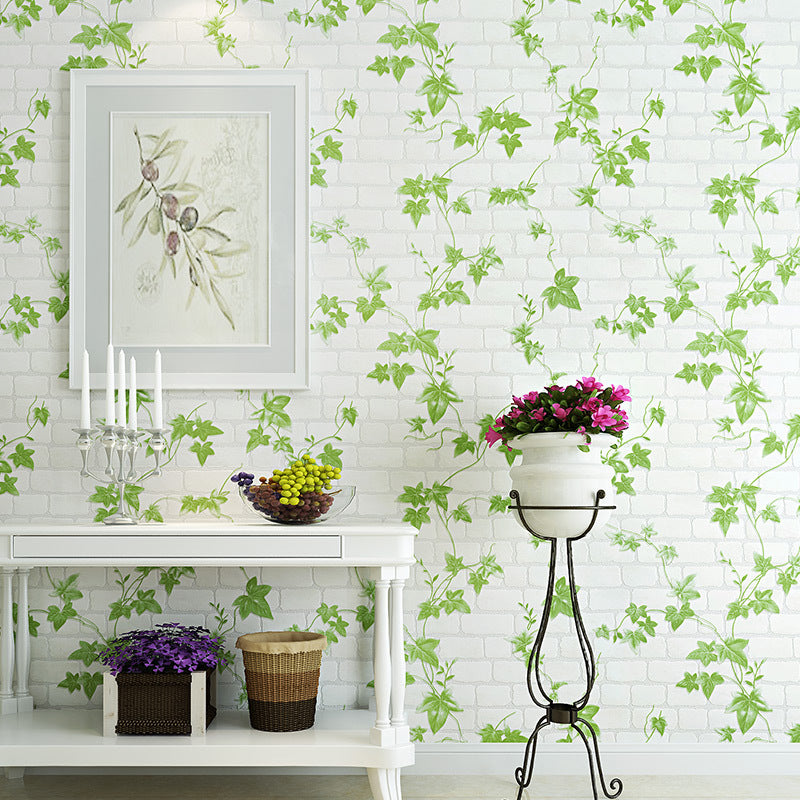 Creeper and Brickwork Wallpaper Roll Green and White Country Wall Decor for Bedroom