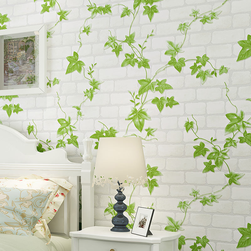 Creeper and Brickwork Wallpaper Roll Green and White Country Wall Decor for Bedroom