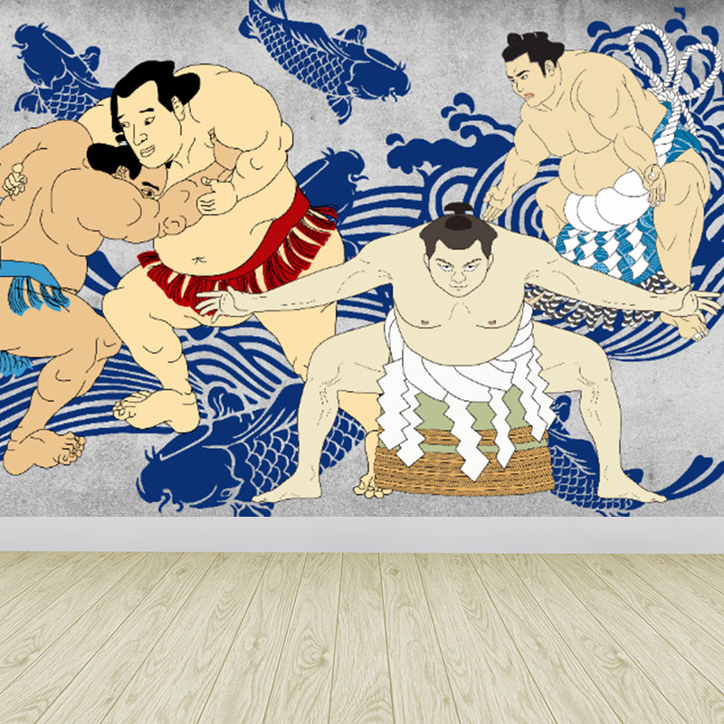 Full Size Illustration Modern Mural Wallpaper with Asian Ancient Figures in Light Color