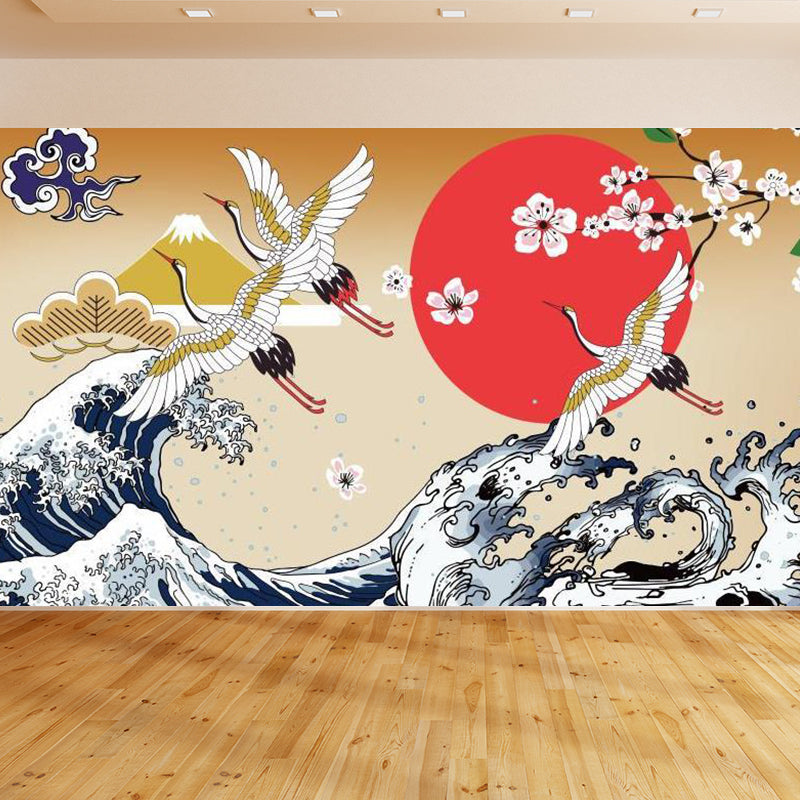 Light Color Asian Landscape Mural Decal Moisture Resistant Contemporary Bathroom Wall Covering