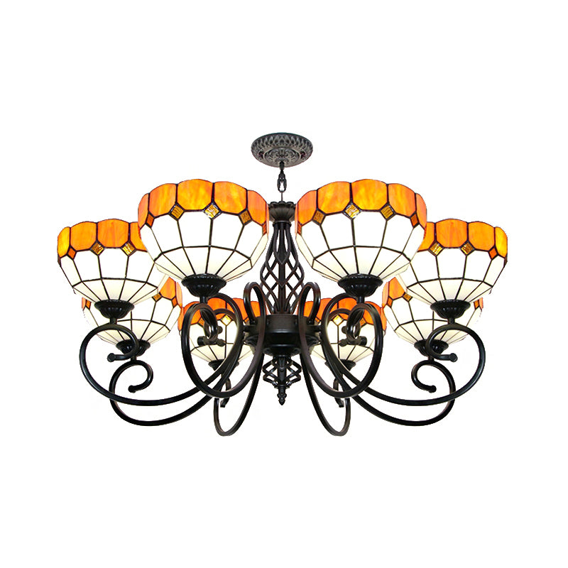Stained Glass Bowl Hanging Light with Adjustable Metal Chain Multi Light Tiffany Chandelier in Orange