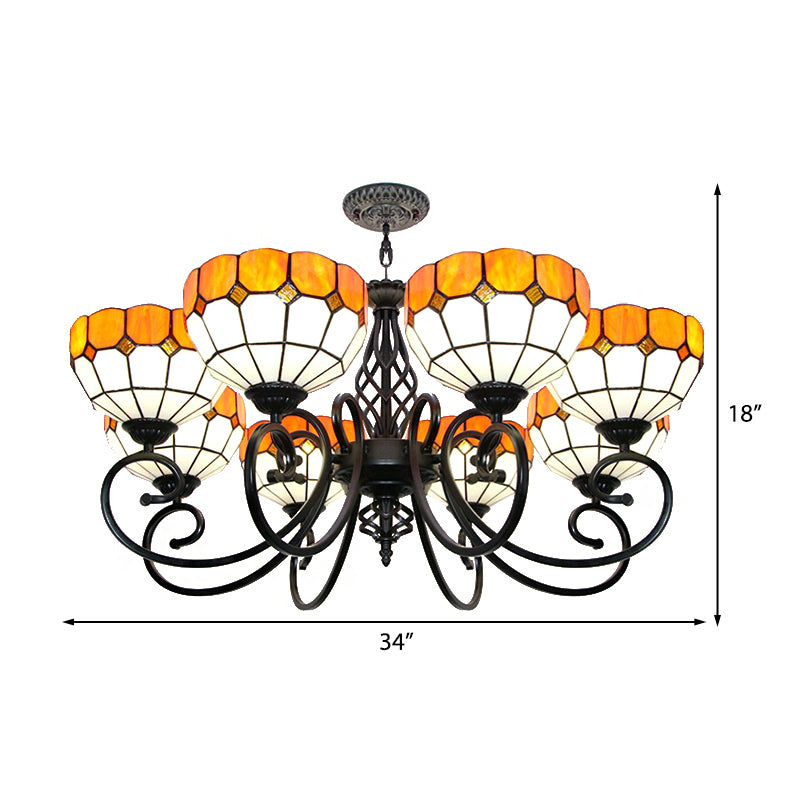 Stained Glass Bowl Hanging Light with Adjustable Metal Chain Multi Light Tiffany Chandelier in Orange