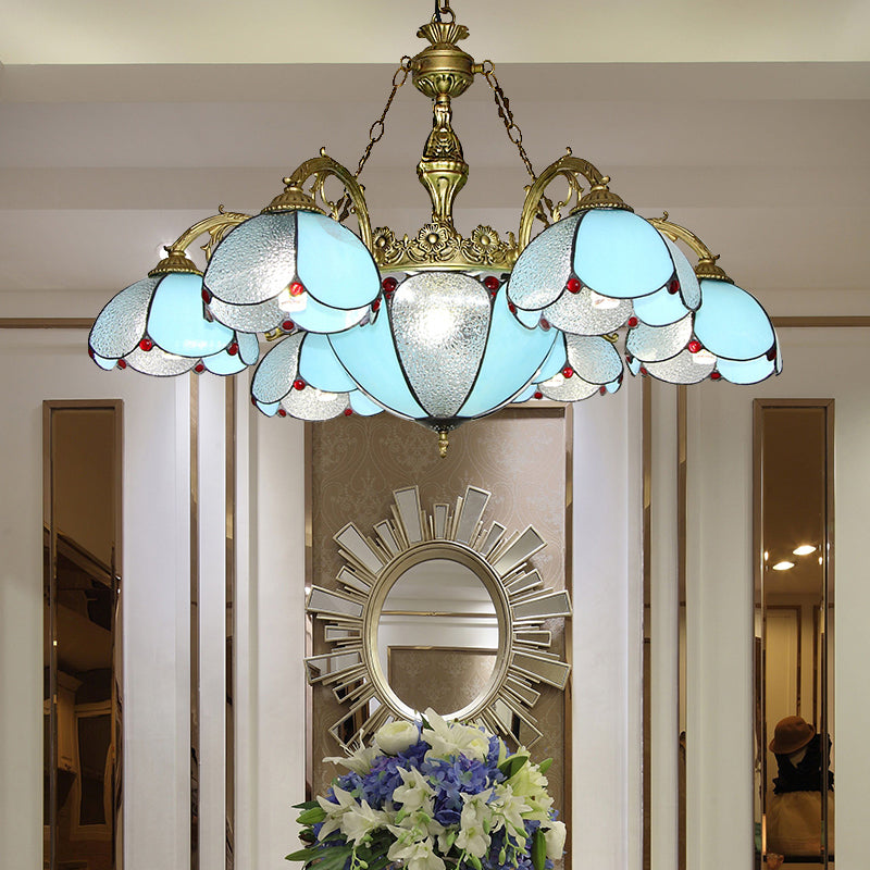 Vintage bloembladen kroonluchter gebrandschilderd glas binnen plafond hanger licht in blauw voor woonkamer