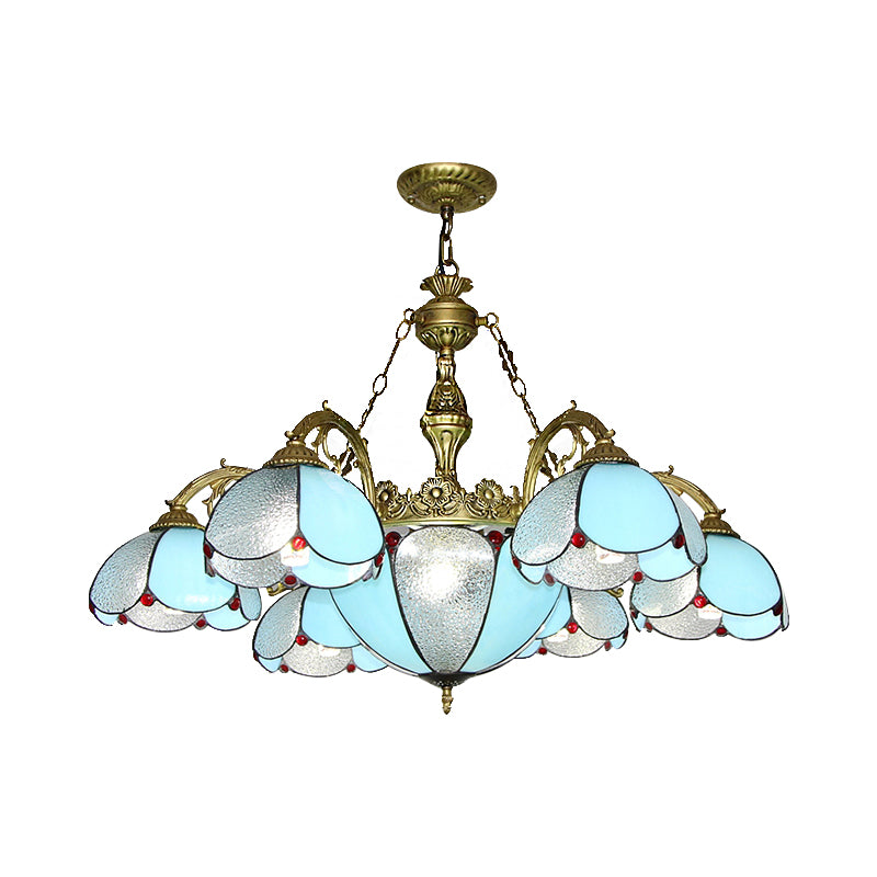 Vintage Petal Chandelier Stained Glass Indoor Ceiling Pendant Light in Blue for Living Room