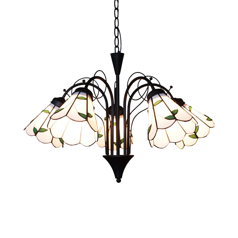 Stained Glass Leaf Chandelier Light with Metal Chain 5 Lights Rustic Pendant Light in Beige for Bedroom