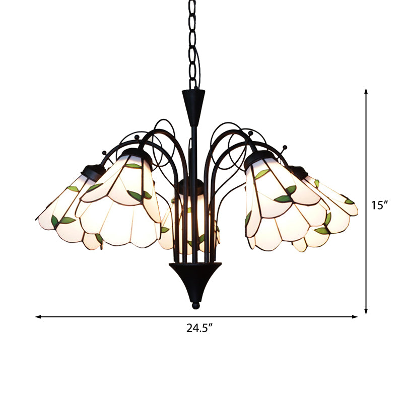 Stained Glass Leaf Chandelier Light with Metal Chain 5 Lights Rustic Pendant Light in Beige for Bedroom