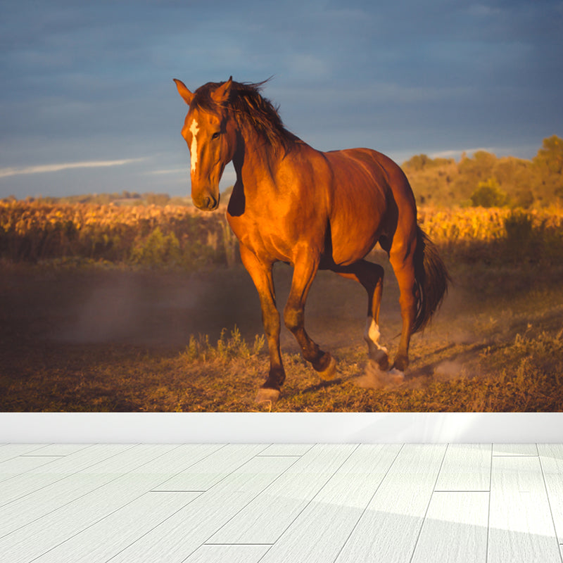 Modern Horse Wall Mural Non-Woven Stain Resistant Dark Color Wall Covering for Room