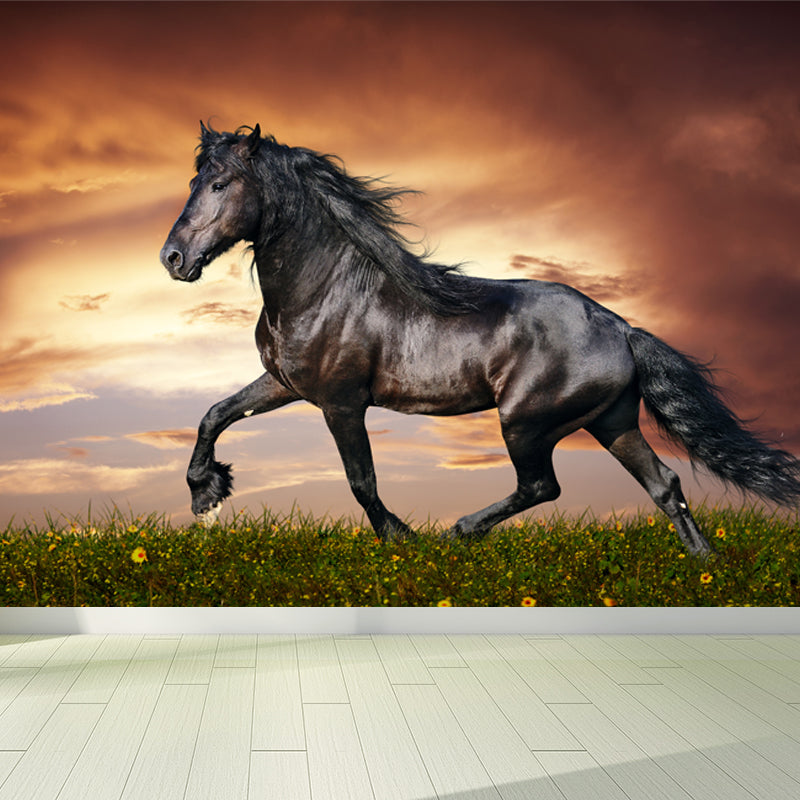 Horse Mural Wallpaper Dark Color Modern Style Wall Covering for Boys Room, Custom Size