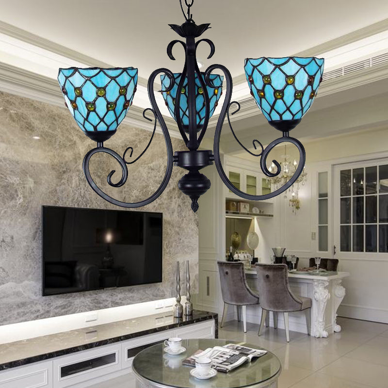 Bead Ceiling Pendant Light with Bowl Shade Blue Glass Traditional Chandelier with Metal Chain