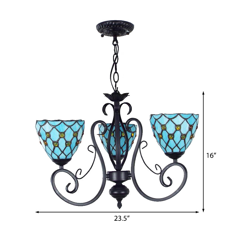 Bead Ceiling Pendant Light with Bowl Shade Blue Glass Traditional Chandelier with Metal Chain