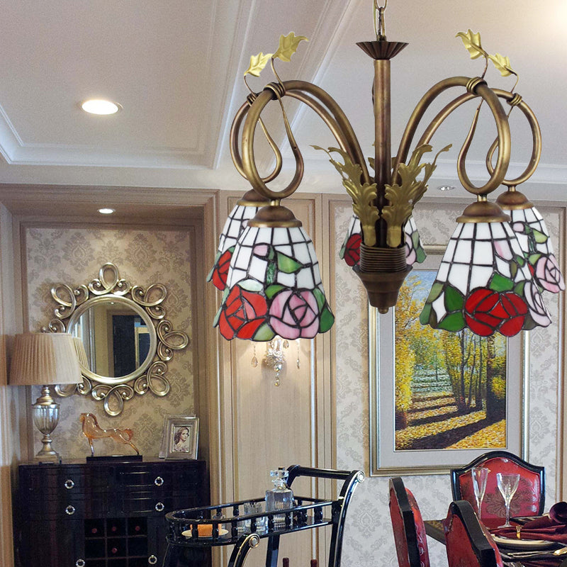 Rose Hanging Light with Adjustable Chain 5 Lights Stained Glass Rustic Chandelier Lamp in Red