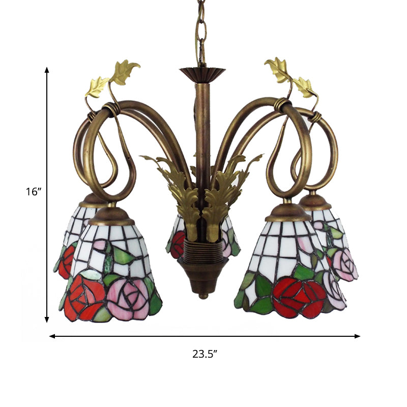 Rose Hanging Light with Adjustable Chain 5 Lights Stained Glass Rustic Chandelier Lamp in Red