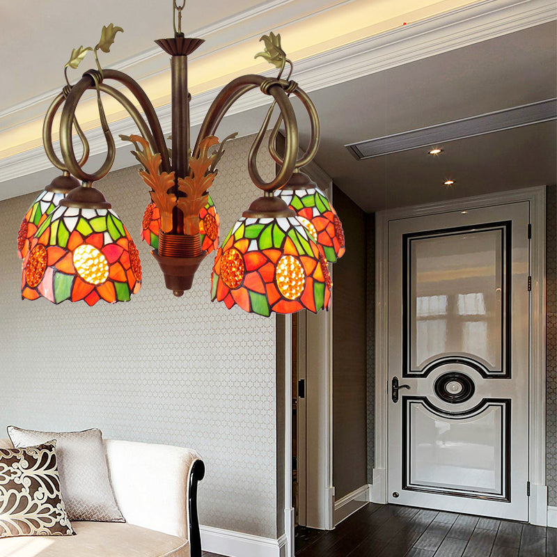 Orange Glass Sunflower Pendant Light with Metal Chain Adjustable 5 Lights Rustic Chandelier Light