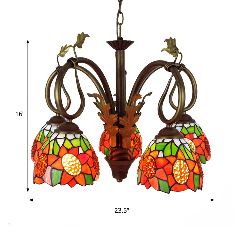 Luz colgante de girasol de vidrio naranja con cadena de metal ajustable 5 luces lámpara de araña rústica