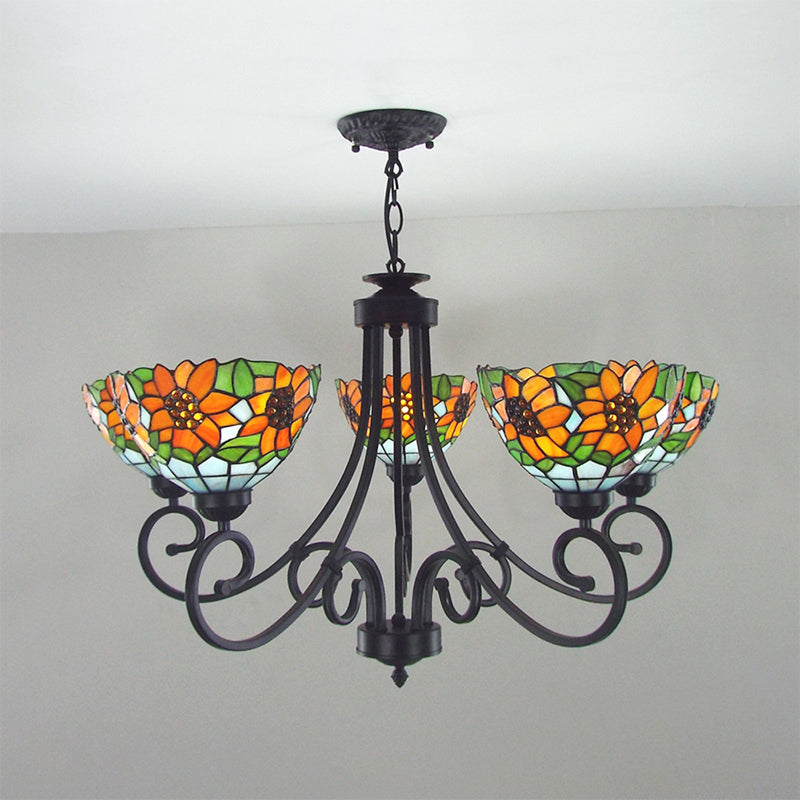 Rustic Sunflower Chandelier Light with Bowl Shade Stained Glass 5 Lights Pendant Light in Orange