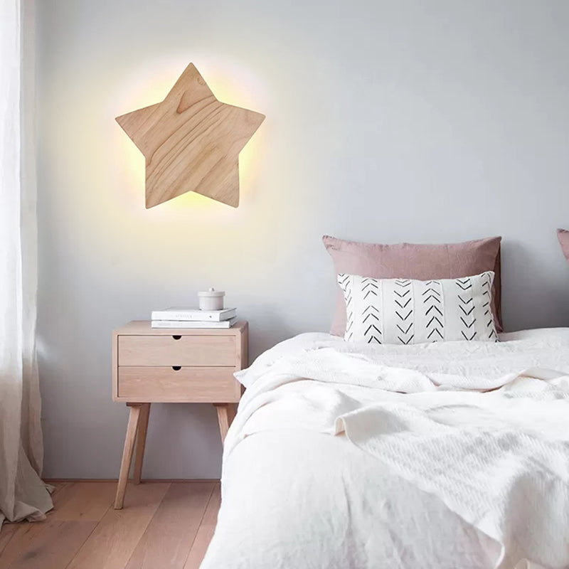 Wood Star Wall Sconce Modern Nordic Sconce Light in Beige for Child Bedroom Hallway
