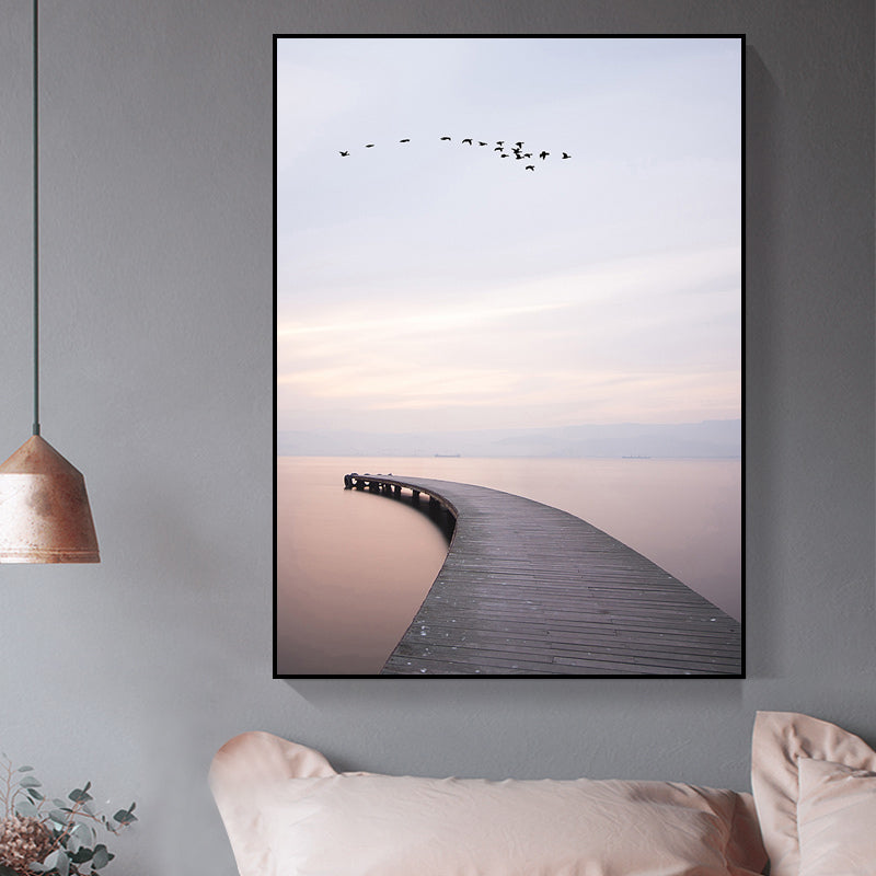 Brown Minimalist Wall Art Photo River Curved Bridge View Canvas Print for Bedroom