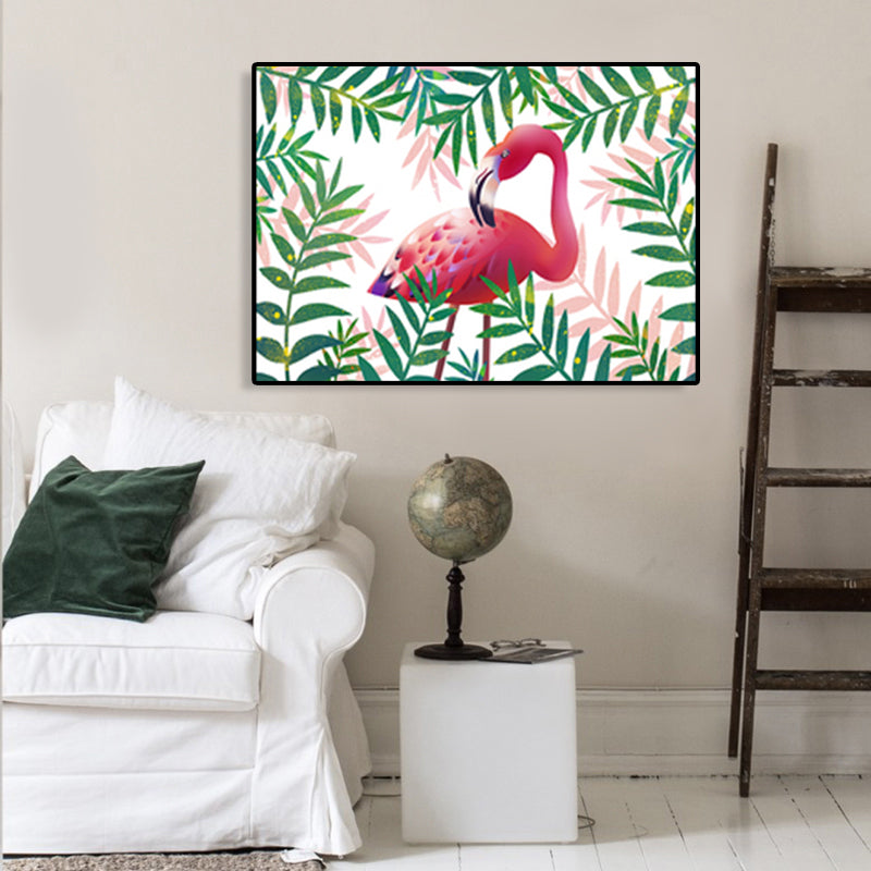 Flamingo and Plant Wall Art Tropical Textured Living Room Canvas Print in Pastel Color