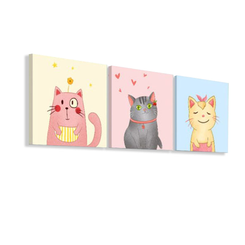 Kawaii Pet Wall Art Set Baby Room Animals Pattern Canvas Print in Soft Color, Set of 3