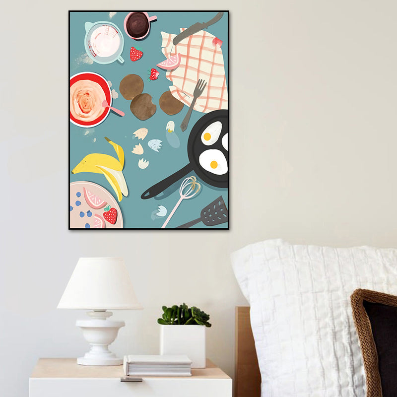 Illustration Childrens Art Canvas Print with Breakfast Pattern in Pastel Color, Textured