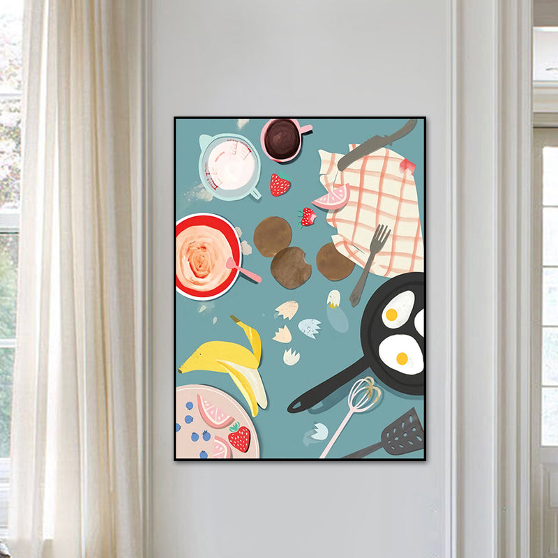 Illustration Childrens Art Canvas Print with Breakfast Pattern in Pastel Color, Textured