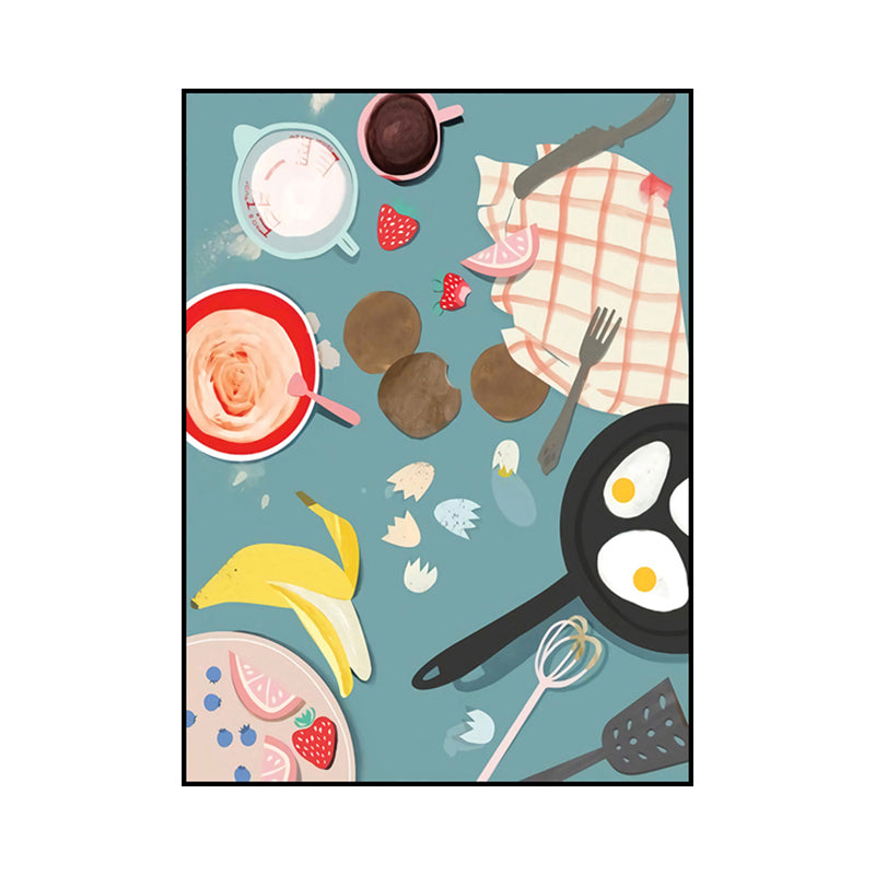 Illustration Childrens Art Canvas Print with Breakfast Pattern in Pastel Color, Textured