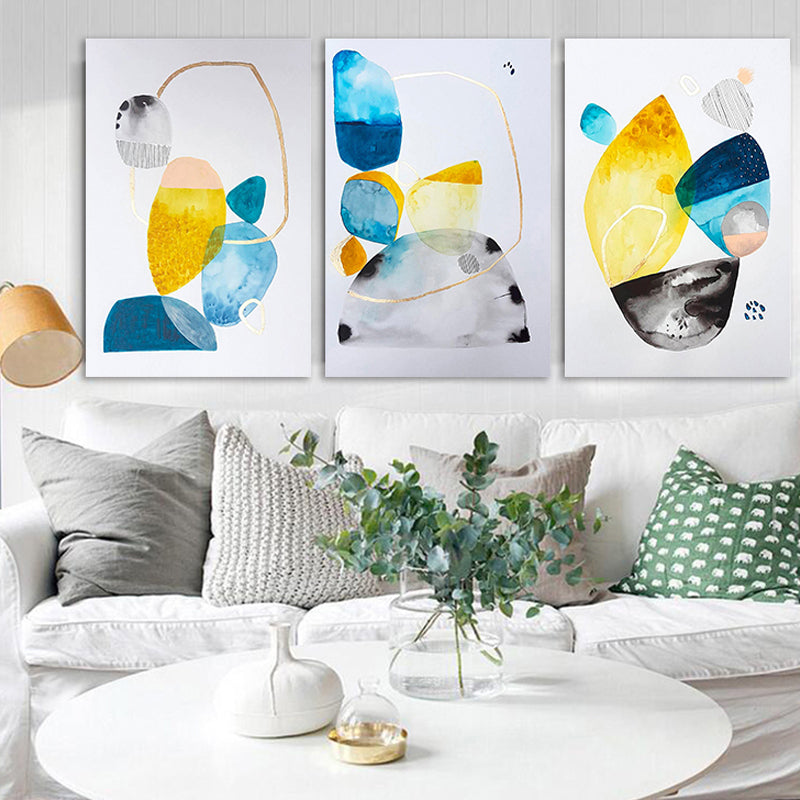 Blue-Yellow Stones Canvas Art Textured Contemporary Family Room Wall Decor, Multiple Size Options