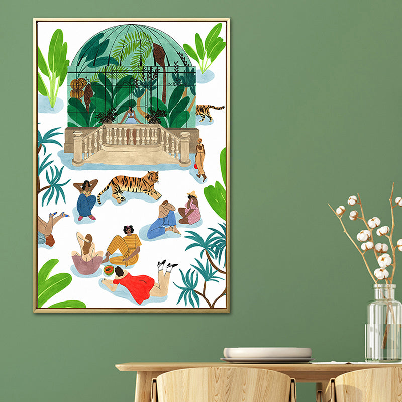 Green Figures and Tiger Painting Textured Nordic Style Dining Room Wall Art Decor