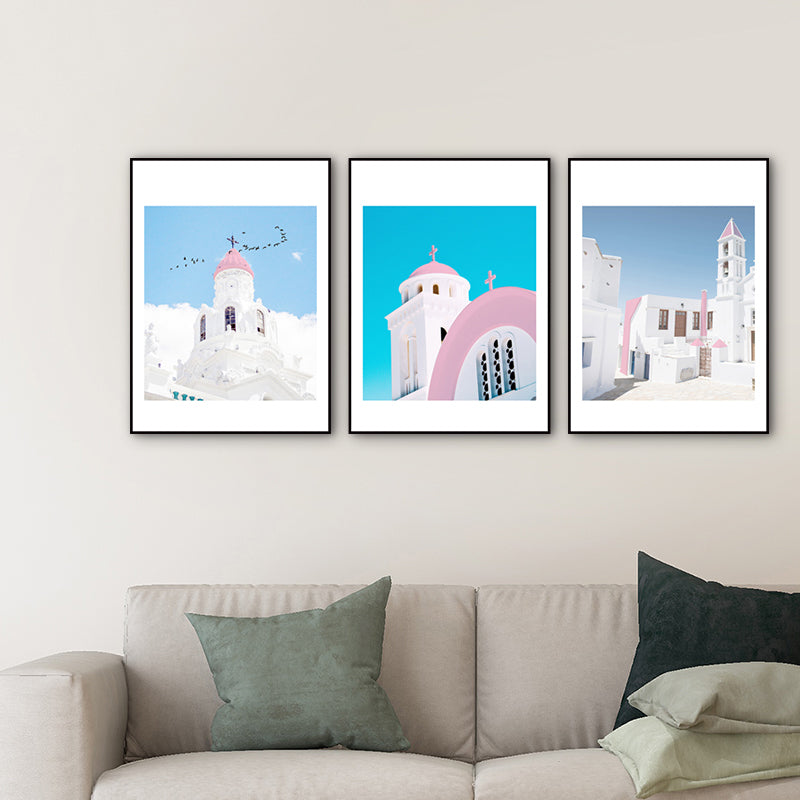 European Architecture Drawing Canvas Contemporary Textured Wall Art Set in Blue-White
