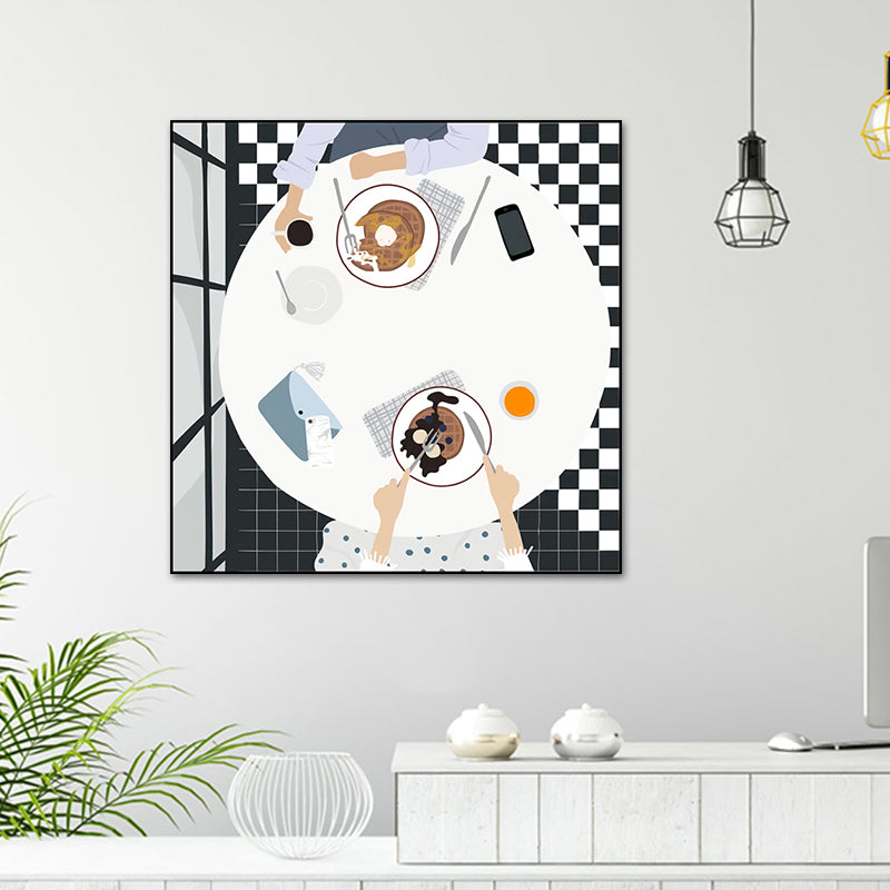 Cartoon Food Breakfast Wall Art Dark Color Textured Canvas Print for Dining Room