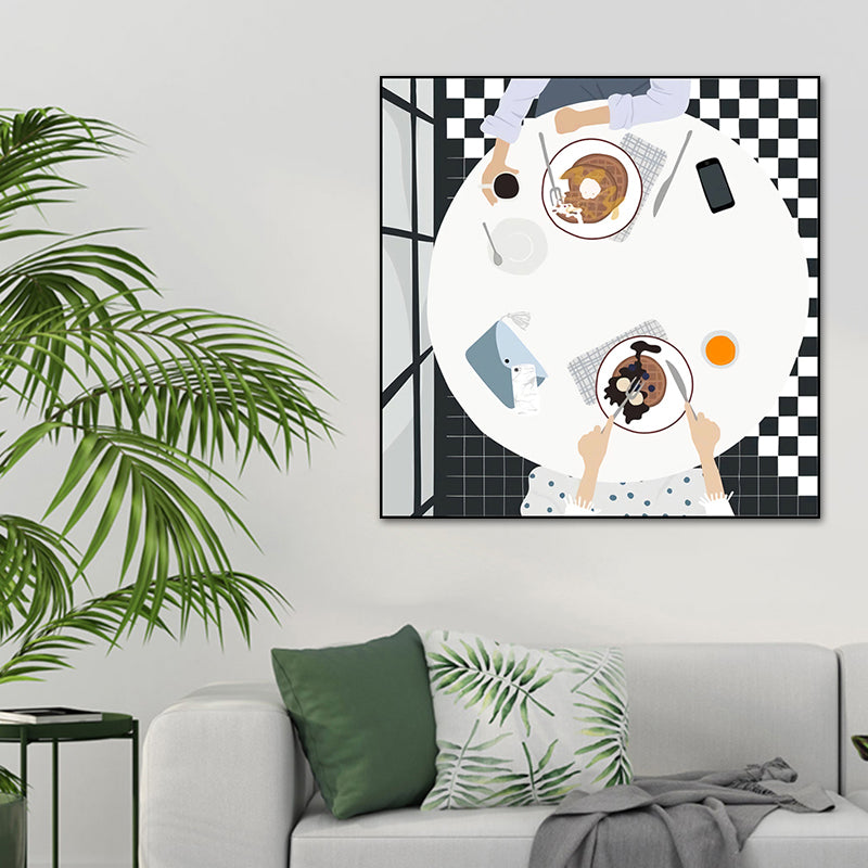 Cartoon Food Breakfast Wall Art Dark Color Textured Canvas Print for Dining Room