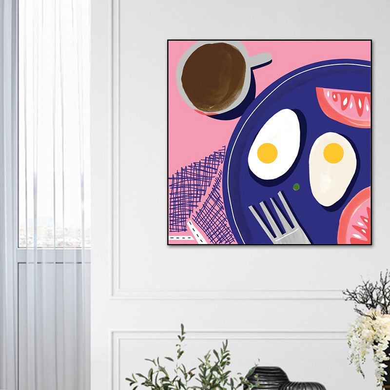 Cartoon Food Breakfast Wall Art Dark Color Textured Canvas Print for Dining Room