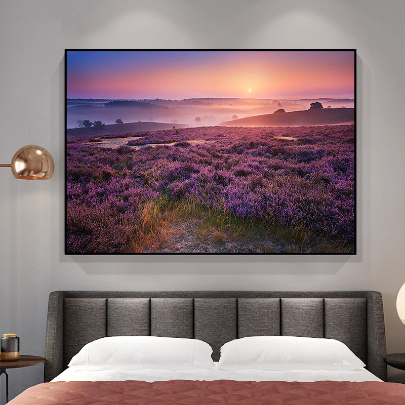 Purple Lavender Field Wall Art Flower Scenery Modern Textured Canvas Print for Bedroom