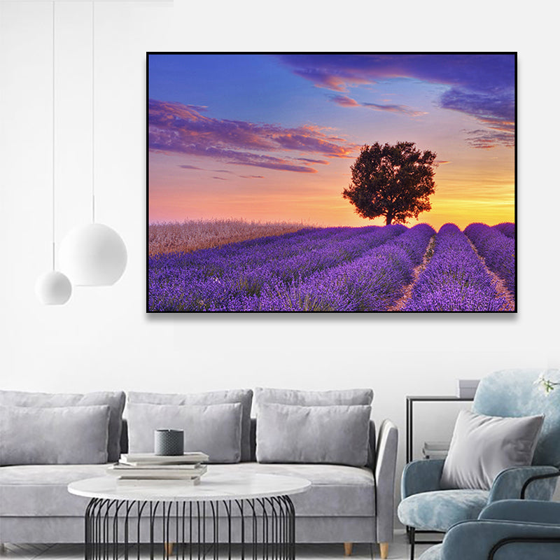 Purple Lavender Field Wall Art Flower Scenery Modern Textured Canvas Print for Bedroom