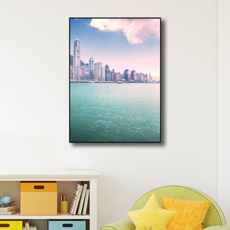 Seaside Skyscrapers Canvas Wall Art Textured Modern Style Bedroom Wall Decor in Blue