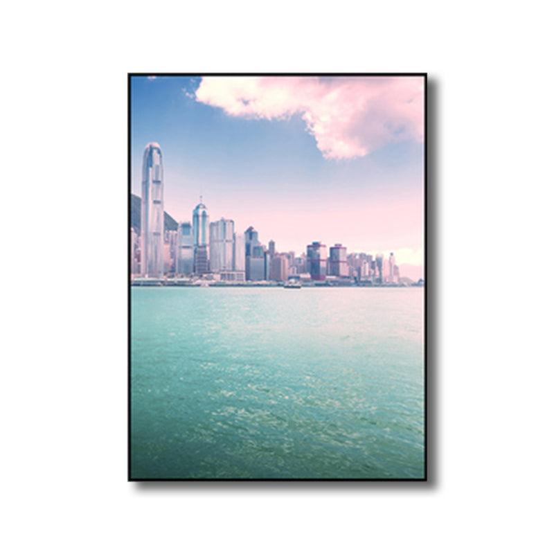 Seaside Skyscrapers Canvas Wall Art Textured Modern Style Bedroom Wall Decor in Blue