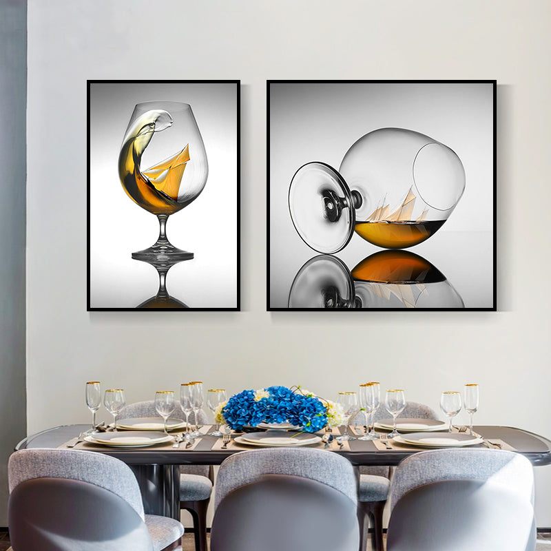 Wine Glasses Wall Art Modern Decent Drinks Canvas Print in Dark Color for Restaurant