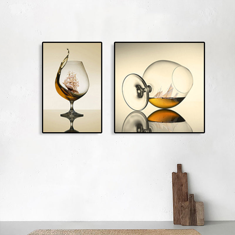 Wine Glasses Wall Art Modern Decent Drinks Canvas Print in Dark Color for Restaurant