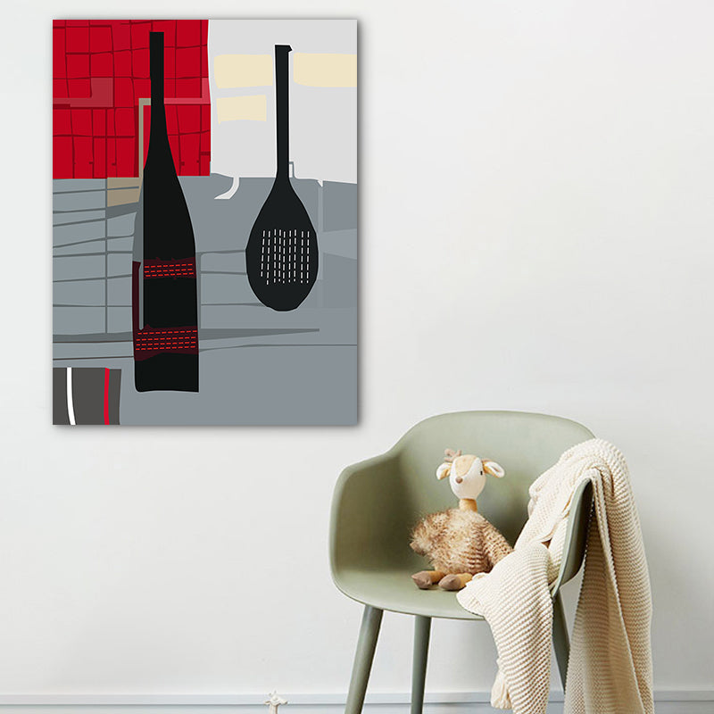 Scandinavian Wine Bottle Canvas Red and Grey Textured Wall Art Print for Living Room