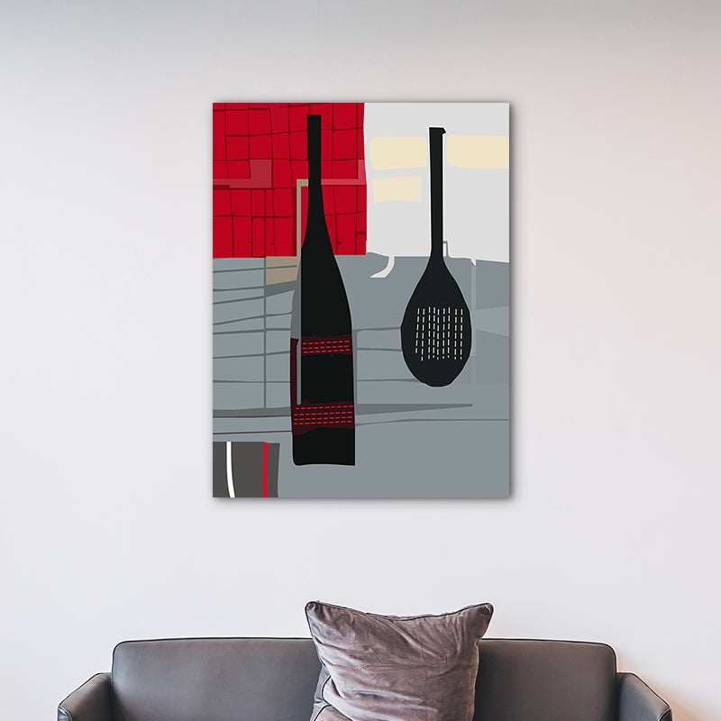 Scandinavian Wine Bottle Canvas Red and Grey Textured Wall Art Print for Living Room