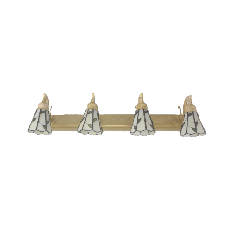 Rustic Bathroom Lighting with Leaf Pattern Stained Glass 4 Lights Wall Sconce Lamp in Copper/Antique Brass/Beige