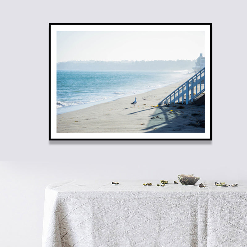 Morning Misty Seashore Wall Art Blue and White Canvas Print Wall Decor, Textured