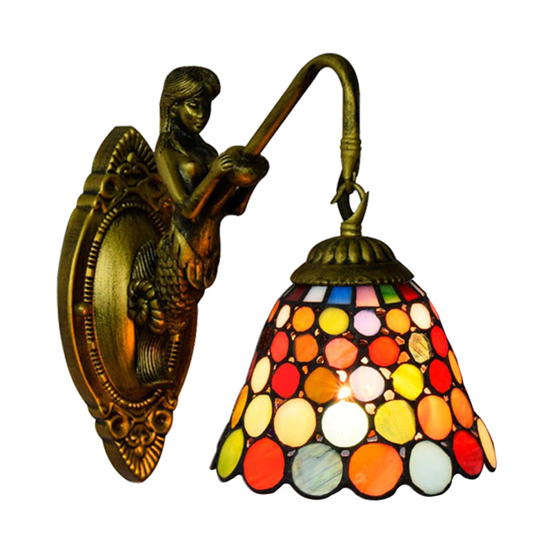 1 Head Wall Mount Light Tiffany Bell Multicolor Stained Glass Sconce Light Fixture in Antique Brass