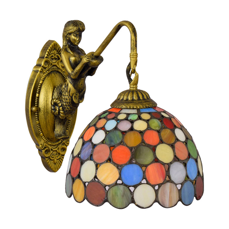 Antique Brass 1 Head Sconce Lighting Tiffany Multicolor Stained Glass Dome Wall Mount Light