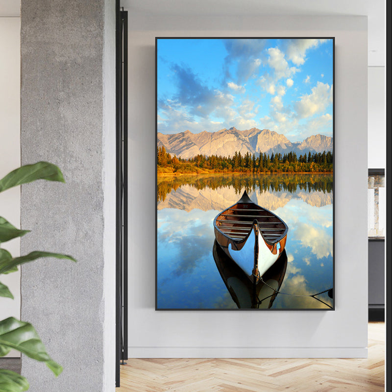 Boat Sunset Lake Scenery Canvas Contemporary Textured Wall Art Decor in Blue-Brown