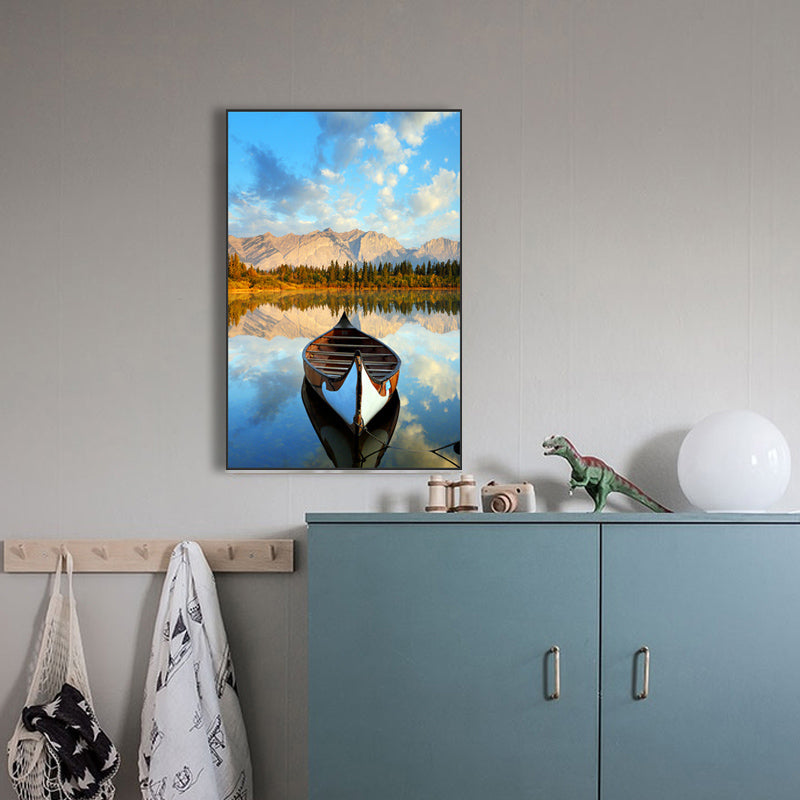 Boat Sunset Lake Scenery Canvas Contemporary Textured Wall Art Decor in Blue-Brown