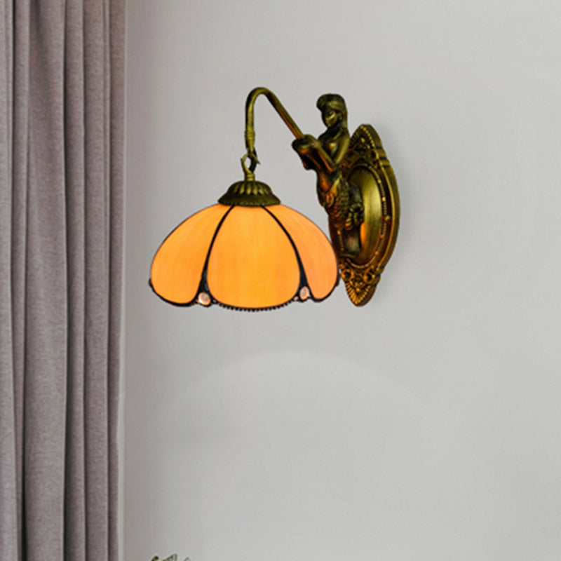 Antique Brass Petal Wall Light Fixture Tiffany 1 Head Yellow Glass Sconce Light with Mermaid Decoration