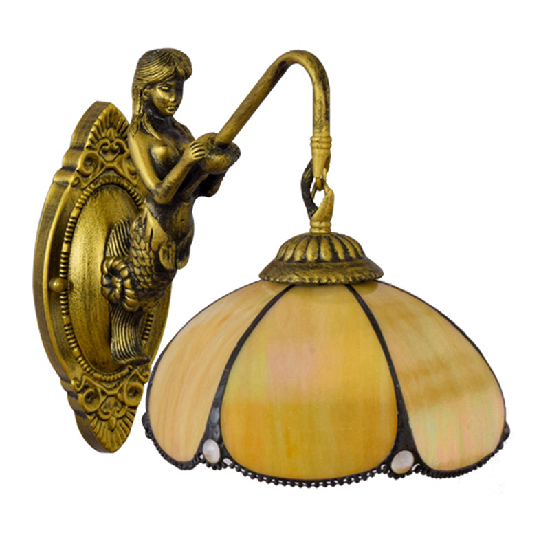 Antique Brass Petal Wall Light Fixture Tiffany 1 Head Yellow Glass Sconce Light with Mermaid Decoration