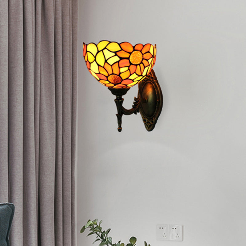 Stained Glass Sunflower Wall Sconce Kitchen 1 Head Rustic Tiffany Wall Lamp in Orange